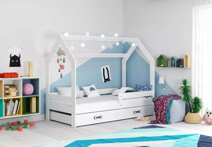 Pagrindinis 14 lozko dla dzieci domek parterowe rama bialy szuflada bialy 80 x 160 kpl wizualizacja 2 S4
